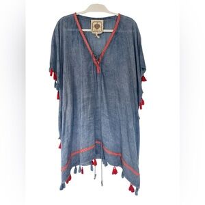 Z & L Europe Poncho 100% Cortton Blue and Pink Tassle Boho Euro Swim Cover Up